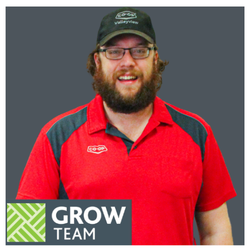 A smiling Co-op employee is featured wearing a red shirt with black accents. He has a black hat on with the Valleyview Co-op logo. The bottom of the image show a Grow Team logo, with a two-toned green geometric pattern.