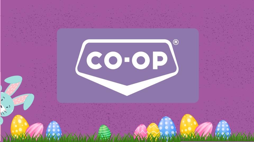 A Co-op logo is centered in a purple rectangle. Grass and brightly coloured Easter eggs line the bottom. A blue bunny pokes it's head into frame.