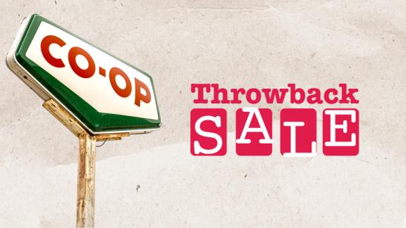 Graphic promoting The Co-op Throwback Sale. Co-op logo appears on a vintage sign, sitting a top a pole, and the background is pale wrinkled paper.