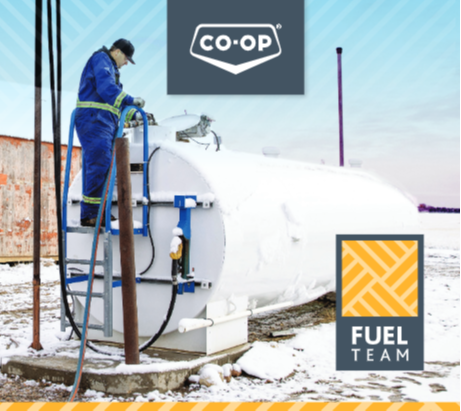 A Co-op employee fills a large petroleum tank. They are wearing blue coveralls. A geometric grey and yellow logo reads "Fuel Team."