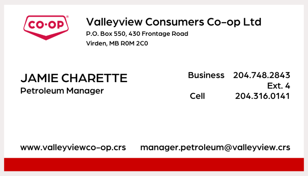 Business card for Jamie Charette, Petroleum Manager at Valleyview Consumers Co-op Ltd., featuring company address, business and cell phone numbers, website, and email on a grey background with the Co-op logo and a red accent bar along the bottom.